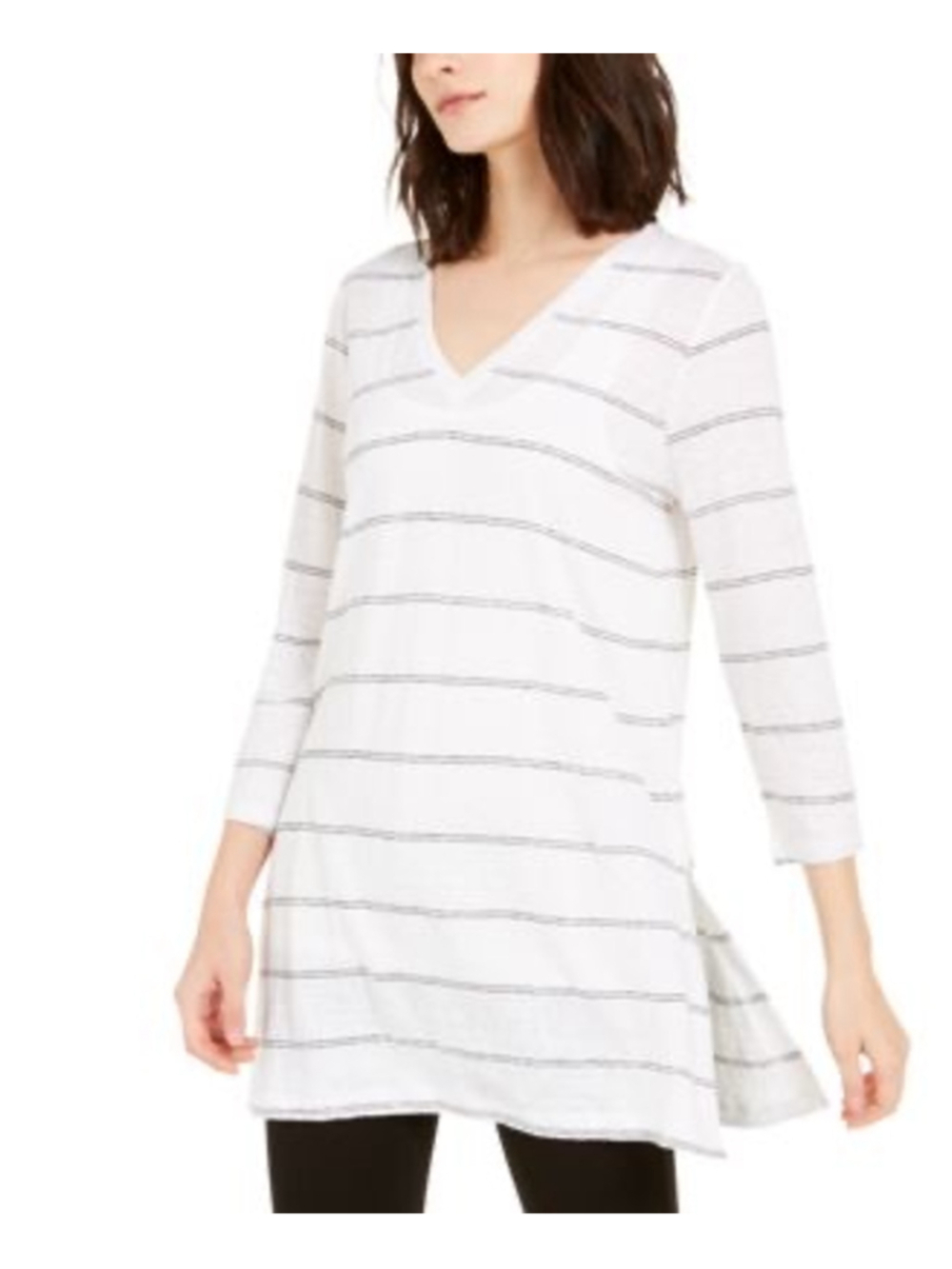 EILEEN FISHER Organic Linen Jersey V-Neck Tunic Top White Black SP